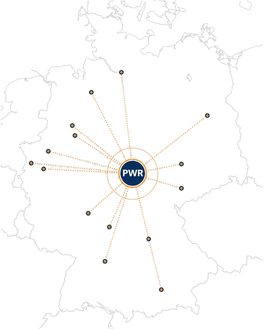 Karte von Deutschland mit den 16 Standorten von PWR Innovia, sternförmig verbunden